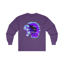 Load image into Gallery viewer, He Is Near Adult Male Ultra Cotton Long Sleeve Tee in White, Black, Ash, Royal, Navy, Purple