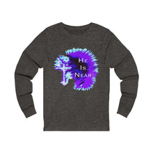 Load image into Gallery viewer, He Is Near Adult Female Jersey Long Sleeve Tee in White, Black, Black Heather, Athletic Heather, Dark Grey Heather
