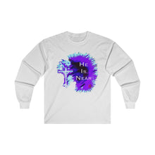 Load image into Gallery viewer, He Is Near Adult Male Ultra Cotton Long Sleeve Tee in White, Black, Ash, Royal, Navy, Purple