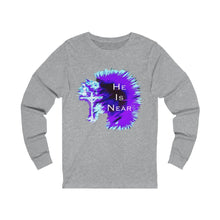 Load image into Gallery viewer, He Is Near Adult Female Jersey Long Sleeve Tee in White, Black, Black Heather, Athletic Heather, Dark Grey Heather
