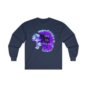 He Is Near Adult Male Ultra Cotton Long Sleeve Tee in White, Black, Ash, Royal, Navy, Purple