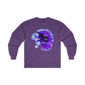 He Is Near Adult Male Ultra Cotton Long Sleeve Tee in White, Black, Ash, Royal, Navy, Purple