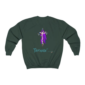 Because Adult Female Heavy Blend™ Crewneck Sweatshirt in Heliconia,  Ash, Forest Green, Antique Sapphire, Dark Heather, Maroon, Navy, Orange, Purple, Red, Sand, White, Black