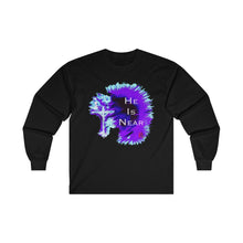 Load image into Gallery viewer, He Is Near Adult Male Ultra Cotton Long Sleeve Tee in White, Black, Ash, Royal, Navy, Purple
