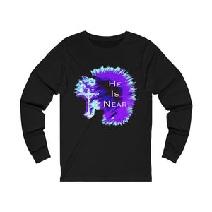 He Is Near Adult Female Jersey Long Sleeve Tee in White, Black, Black Heather, Athletic Heather, Dark Grey Heather